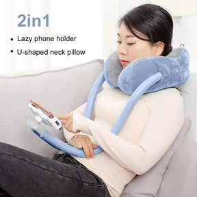 Travel Pillow with Mobile Phone Holder,Neck Support 360°Rotation Universal Mobile Phone Tablet Stand Travel Pillow,Outdoor