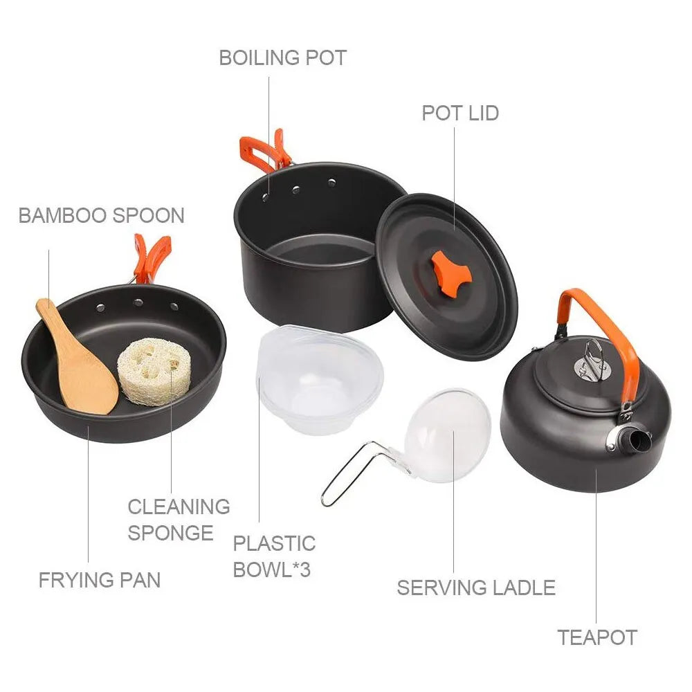 Camping Cookware Set Aluminum Portable Outdoor Tableware Cookset Cooking Kit Pan Bowl Kettle Pot Hiking BBQ Picnic Equipment