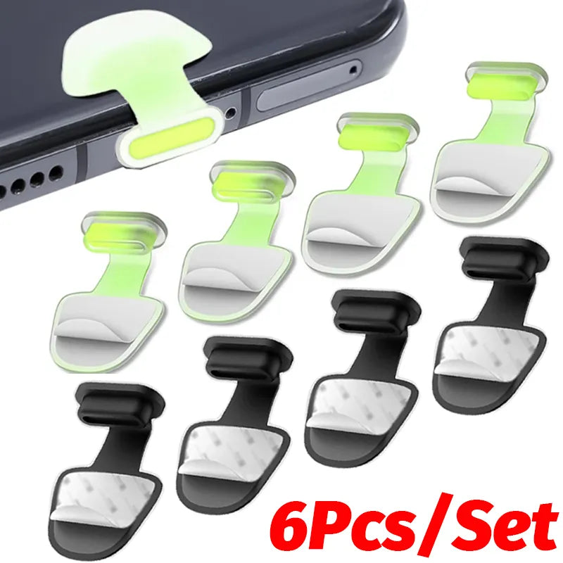 6Pcs Luminous Dust Plug Silicone Phone Charging Port for IPhone Type-C Anti-Lost Cap Waterproof and Dustproof Plug Accessories